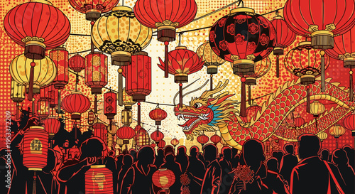 Vibrant lantern festival display featuring a colorful dragon amidst glowing red and gold lanterns, silhouetted crowd, and intricate patterns in a festive atmosphere