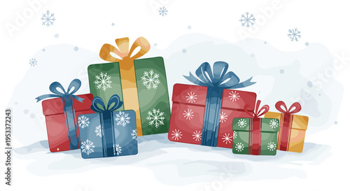 Vibrant wrapped gift boxes adorned with bows, set against a snowy winter backdrop with delicate falling snowflakes and a festive atmosphere