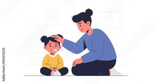 Illustration of a concerned adult checking a childs temperature with a thermometer, sitting on the floor in a calm, soothing environment, soft colors