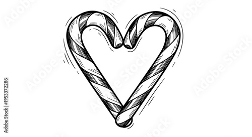Black and white illustration of two Christmas candy canes forming a heart shape with intricate line details on a white background
