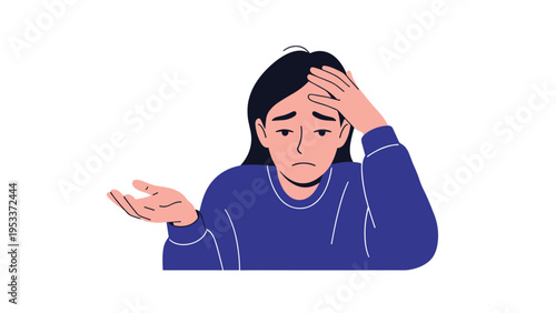 Young woman in a blue sweater looking very stressed and confused with her hands held to her head in frustration on a white background.