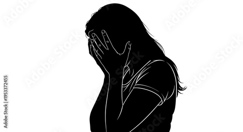 Silhouette of a woman covering her face with hands in a contemplative pose against a stark white background