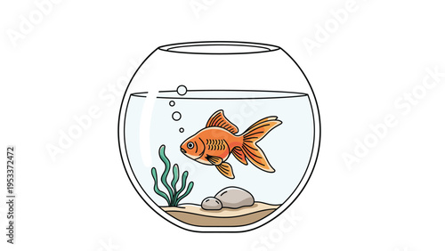 Illustration of an orange goldfish swimming in a circular glass fishbowl with green seaweed and small stones at the bottom on white base.
