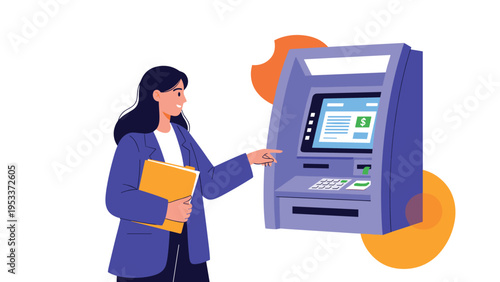 Female customer interacting with a modern purple ATM kiosk for financial services such as cash withdrawal or deposits.