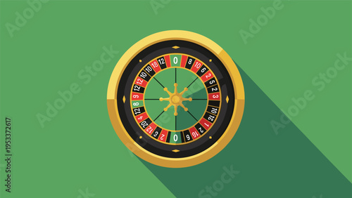 Overhead view of a classic casino roulette wheel with red and black numbered pockets on a solid green background.