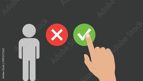 Hand pointing towards a green checkmark button next to a red cross button to select a person for a task or job.