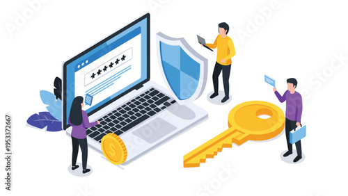 Cybersecurity conceptual illustration featuring a laptop protected by a shield with people managing passwords and security keys.