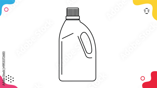 Simple black outline icon of a plastic bottle for laundry detergent or household chemical cleaners on abstract background.