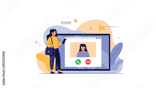 Young woman with a shoulder bag standing next to a laptop computer displaying a video call from another person.