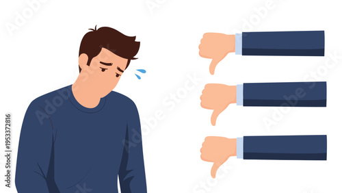 Sad young man looking down with sweat drops while receiving negative feedback through multiple thumbs down gestures from business hands.
