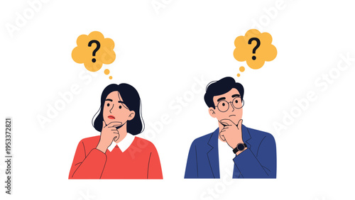 Man and woman in professional attire thinking deeply with question marks in thought bubbles above their heads on a white background.