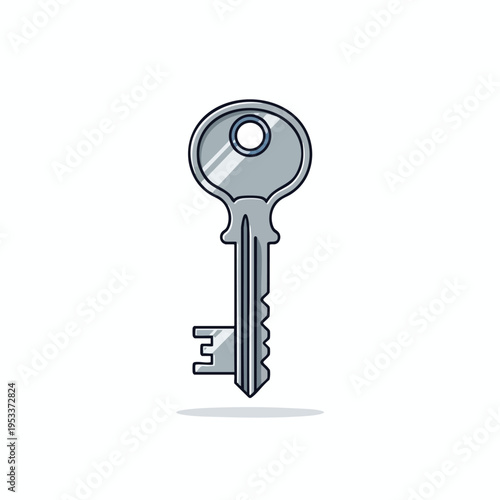A silver metal key with a round head and a notched bit, casting a shadow