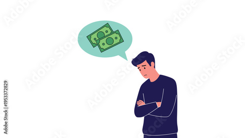 Upset young man standing with folded arms thinking about financial problems and money issues represented in a speech bubble with cash.