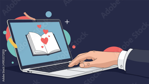 Close up of a person using a laptop computer to read an ebook with romantic red hearts floating out from the digital pages on the screen.