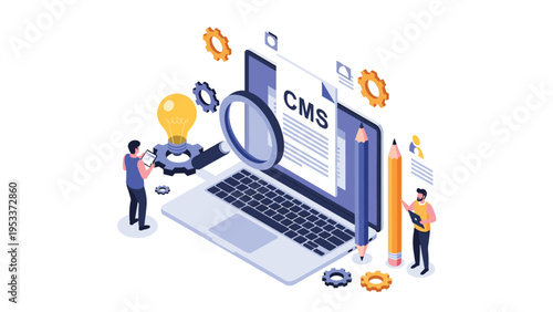 Isometric concept of content management system with small people working on website development using a laptop and various documents.