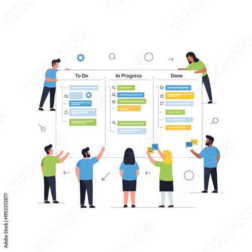 Diverse group collaborates around a Kanban board with 'To Do', 'In Progress', and 'Done' columns
