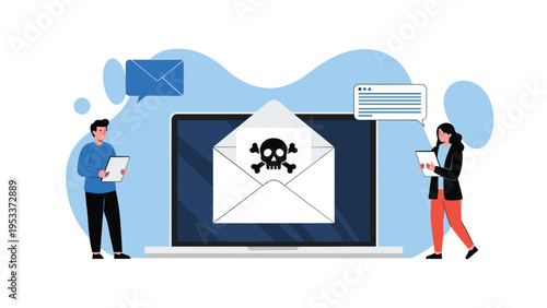 Two office workers looking shocked while receiving a malicious phishing email with a skull and crossbones icon on a laptop screen.