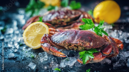 Fresh seafood composition featuring live crabs, garnished with greenery, slices of lemon, and crushed ice on textured dark background for culinary uses
