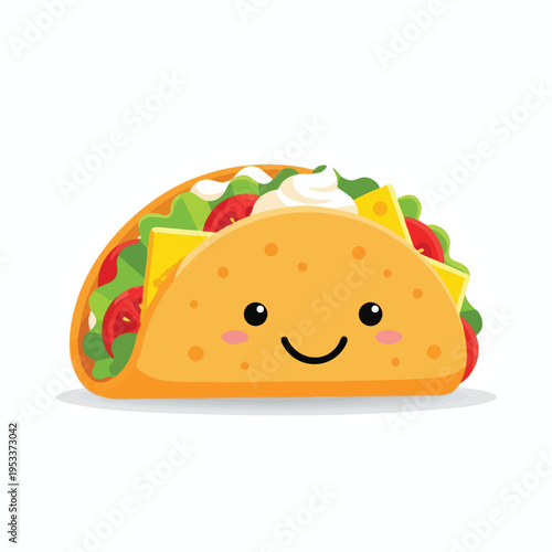 A happy, cartoon taco filled with cheese, lettuce, tomatoes, and sour cream