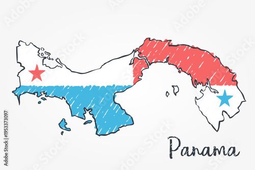 Panama Map Sketch - hand drawn Panamanian flag illustration