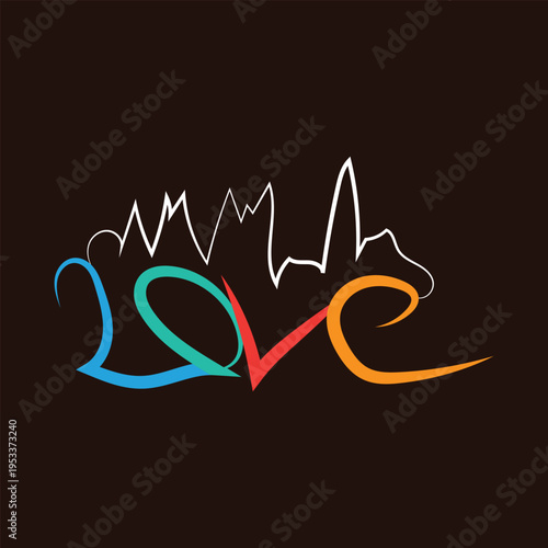 Love Typography Design with Heartbeat Line and Colorful Script Style