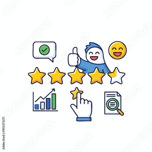 Cheerful character gives thumbs up, stars, and displays positive feedback icons