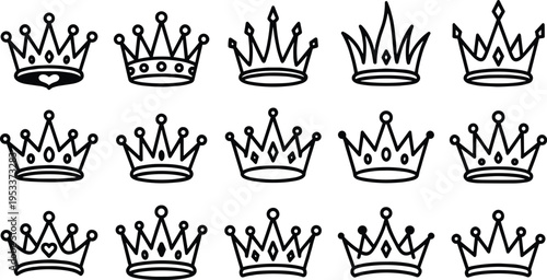 Set of Minimalist Black and White Crown Icons Featuring Various Royal Tiara and King Designs for Luxury Branding Award Symbols and Queen Celebration Graphics