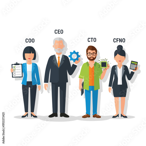 Diverse professionals, roles labeled COO, CEO, CTO, CFNO, holding relevant items
