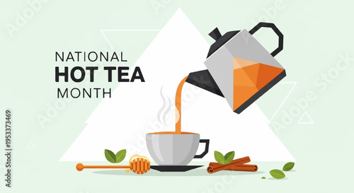 National hot tea month graphic with steaming cup and kettle light green background