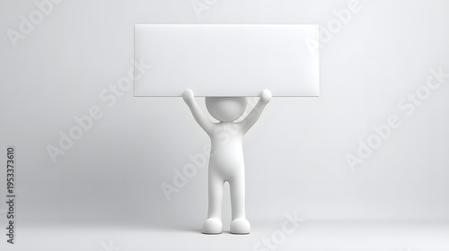 White 3D Man Holding Blank White Sign Above Head.