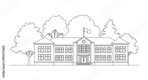 Simple sketch of a house in a quiet city street with trees and buildings in a clean cartoon style