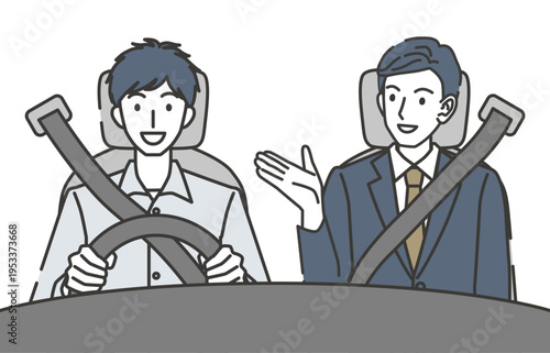 車を試乗する男性と営業スタッフのイラスト