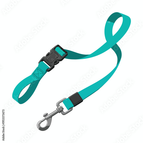 Teal leash with black buckle and silver clip, laid out on white background
