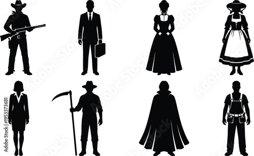 Diverse vector character silhouettes collection featuring a cowboy, businessman, Victorian lady, peasant woman, businesswoman, grim reaper, cloaked figure, and construction worker