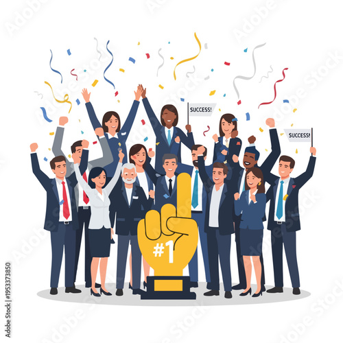 Diverse team celebrates victory with confetti and a giant 1 foam finger