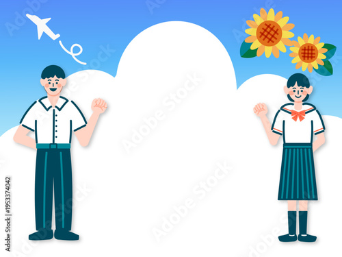ガッツポーズをする制服姿の中高生と青空・入道雲のフレーム｜夏期講習のイメージ