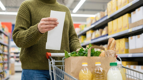 Grocery food inflation shopper check receipt worry budget in supermarket aisle