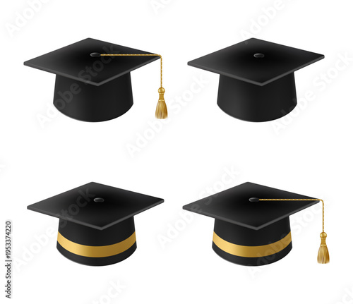 Realistic Black graduate caps set. 3D Graduation Doctoral hat.