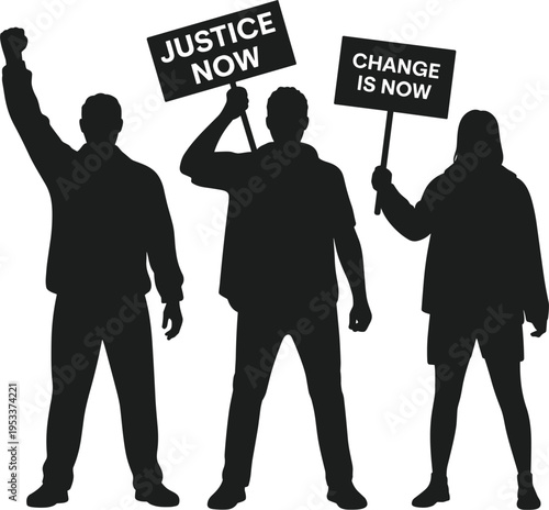 Protesters silhouette vector holding justice now signs, demonstrating for social change and human rights