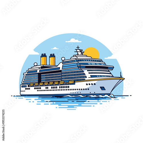Large passenger cruise ship sailing on the open ocean under a clear sky.