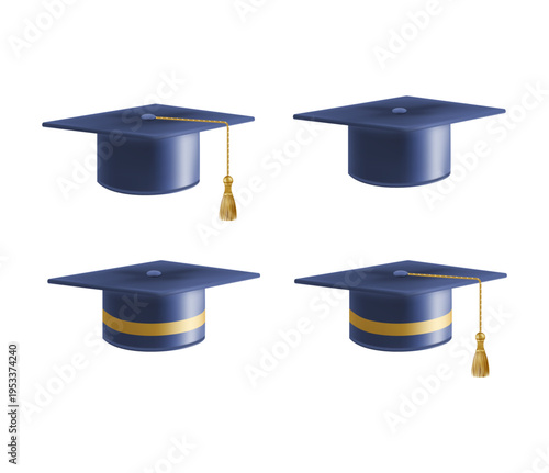 Realistic Blue graduate caps set. 3D Graduation Doctoral hat.
