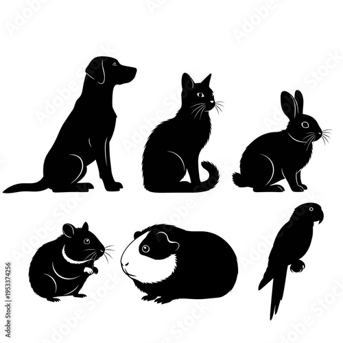 Collection of Black Silhouettes of Various Domestic Pets.