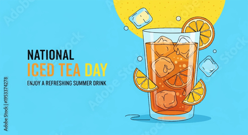 Refreshing glass of iced tea with lemon slices and ice cubes on a sunny day