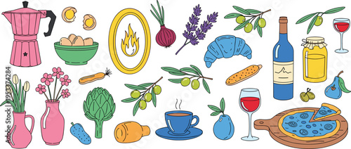 Colorful hand drawn food and kitchen elements collection with coffee vegetables wine pizza bakery items vector illustration set