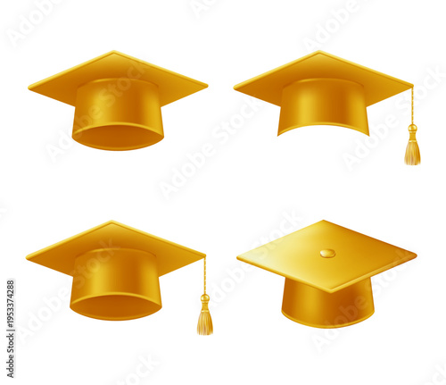 Realistic gold graduate caps set. 3D Graduation Doctoral hat