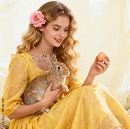 Woman in Yellow Dress Holding Rabbit and Egg