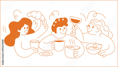 Friends Enjoying Coffee and Meal Together Line Art Illustration