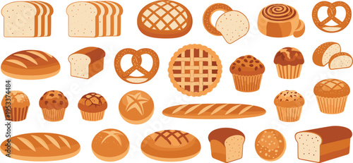 Bakery bread and pastry vector set with loaves muffins pretzel pie croissant and baked goods collection illustration
