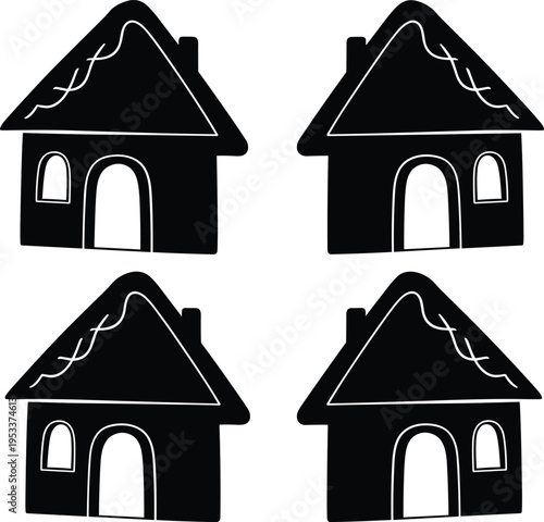 Cute house silhouettes set with hand drawn decorative roof for real estate home sweet home neighborhood and cottage architecture vector illustration