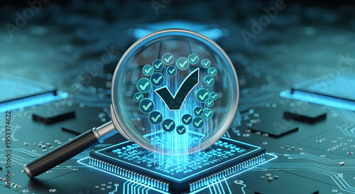Digital System Verification and Quality Assurance Magnified on a High-Tech Circuit Board, Symbolizing Rigorous Data Integrity Checks and Advanced Security in Modern Technology